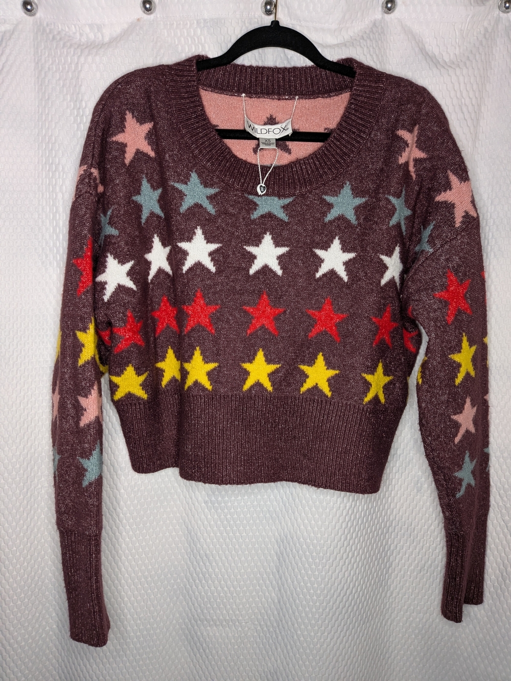 Wildfox Couture Rainbow Stars Elektra Crop Knit Sweater Purple XS EUC Y2K